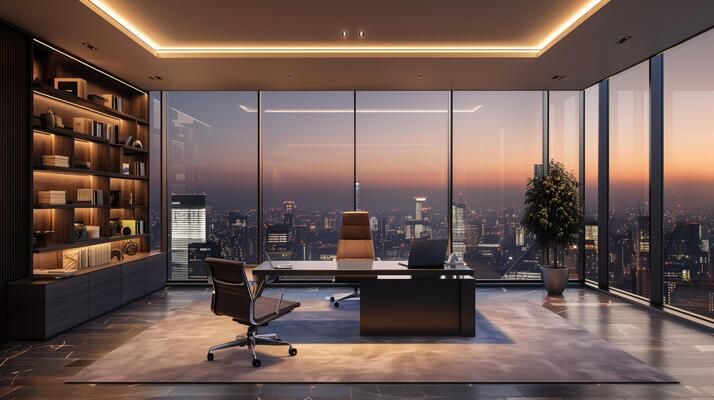 ai generated luxury office interior with panoramic window and city view 