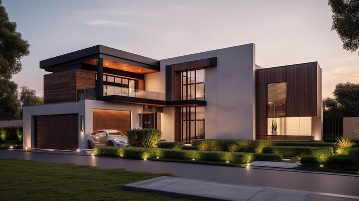 exterior of modern luxury house with garden and beautiful sky